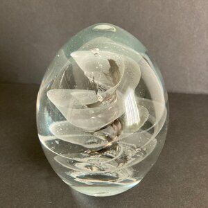 Hand-Blown Glass Egg Paperweight With Swirling Smoky Black Design Signed